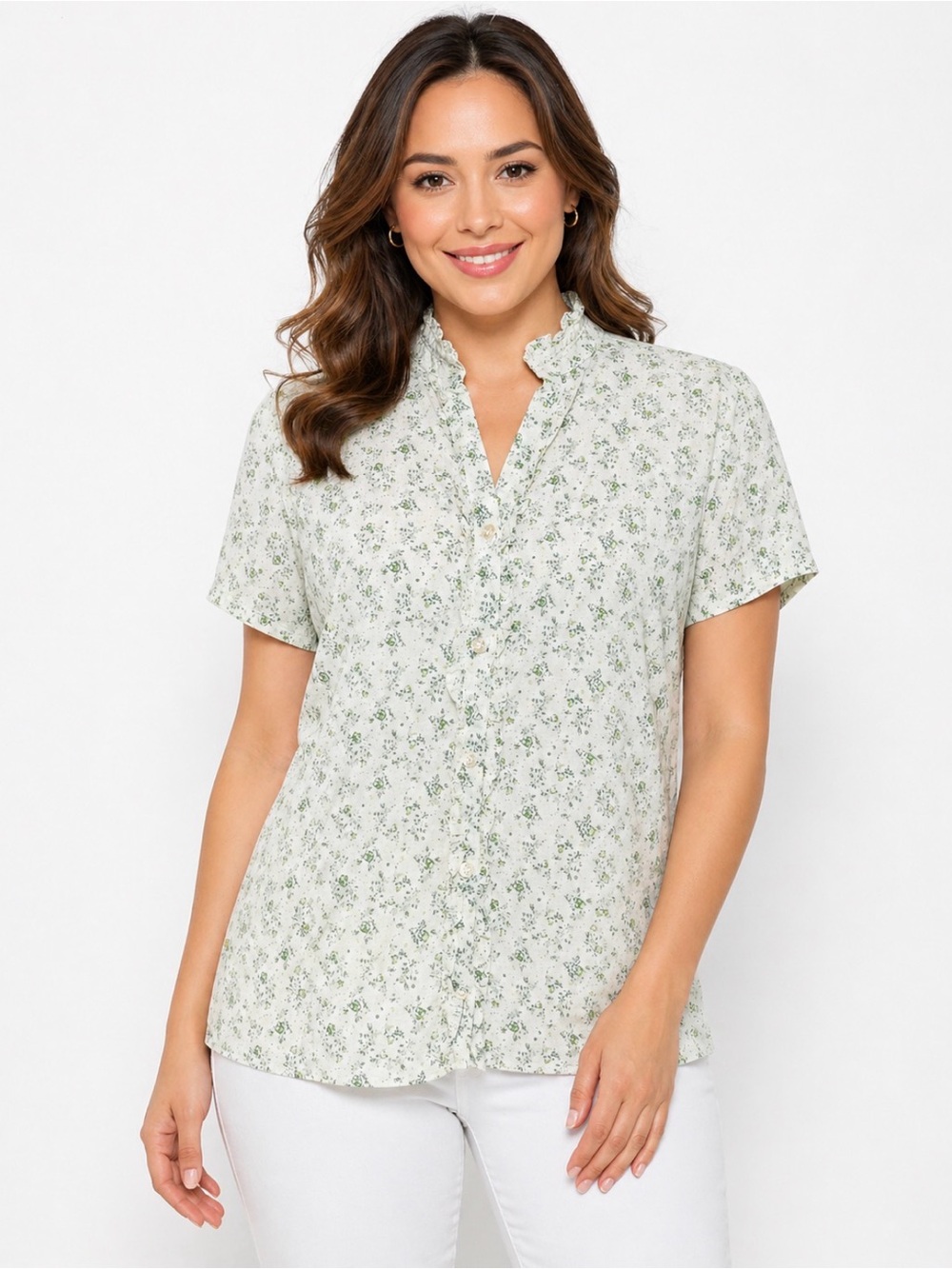 DCC Missy Green Floral Blouse Cottagecore Ruffle Front Feminine Top XL